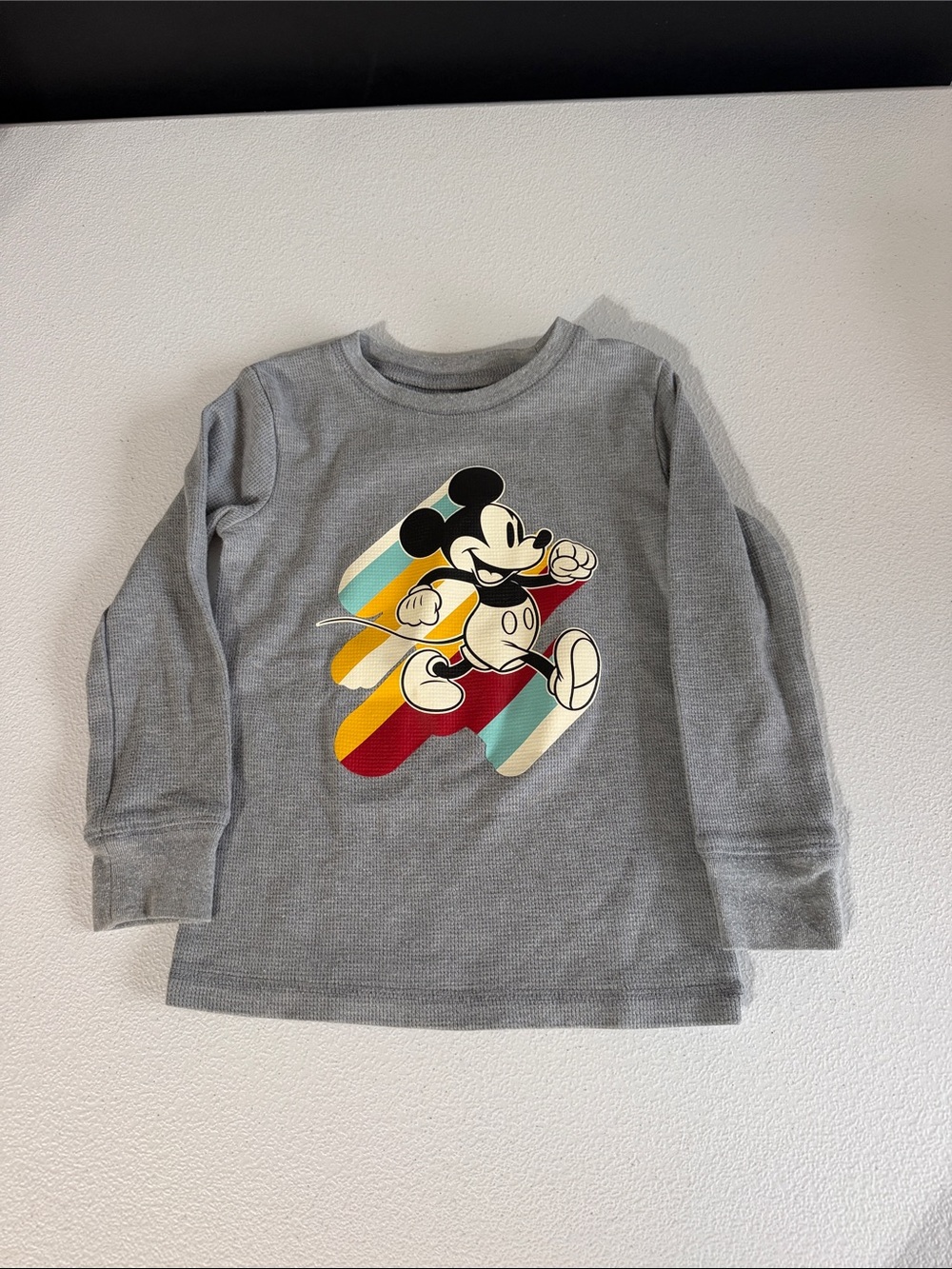Kids Disney Gray Long-Sleeve Mickey Mouse Graphic Tee with Retro Stripes